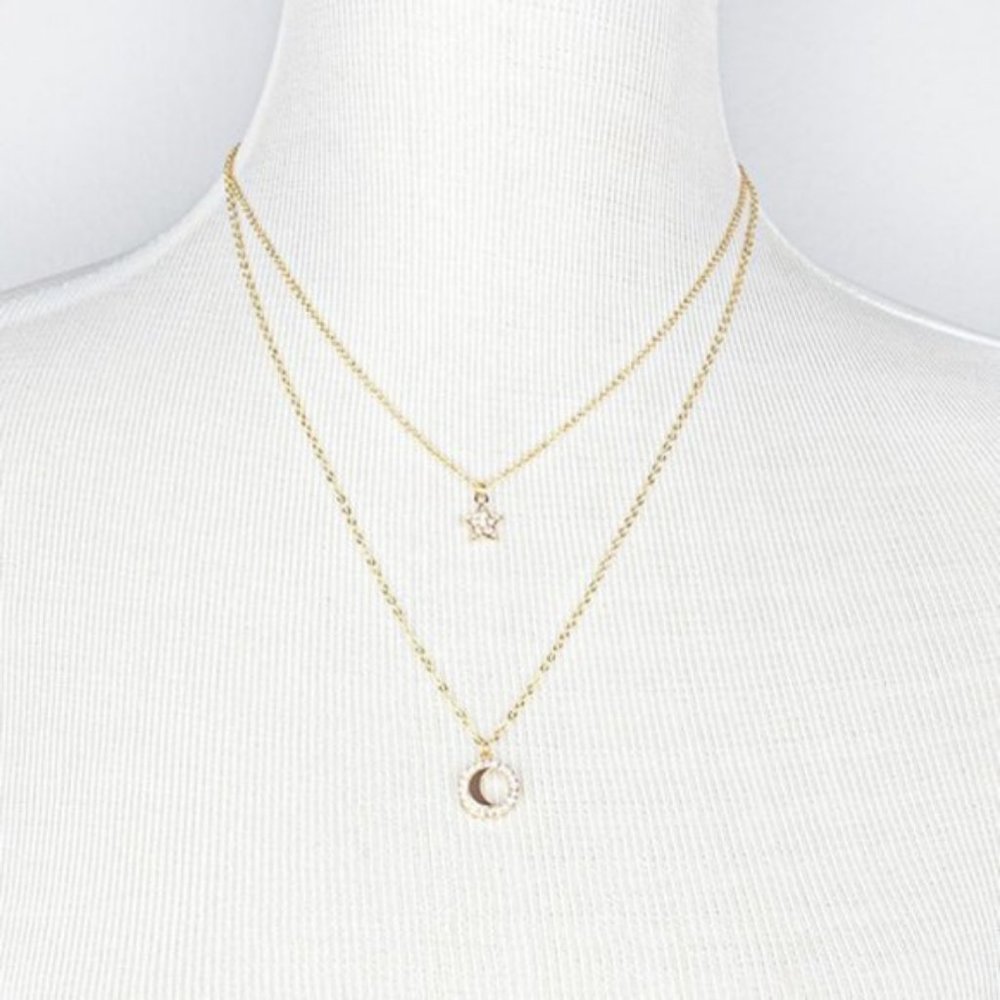 NEW Gold Moon Star Pendant Double Dainty Necklace - Picture 8 of 8